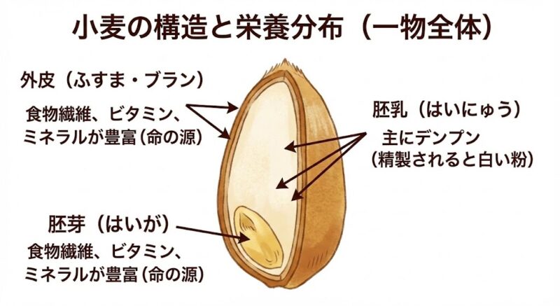 小麦の断面図。胚芽や外皮に詰まった栄養素と、精製によって失われる部分の解説