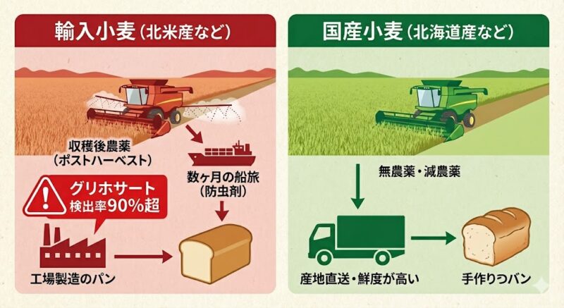 輸入小麦と国産小麦の残留農薬リスクと輸送工程の比較図。輸入小麦に潜むポストハーベストの危険性を視覚化