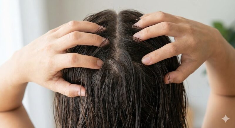 濡れた髪の根元に両手の指を差し込み、髪を持ち上げて地肌に空気を通している「指の櫛」の動作