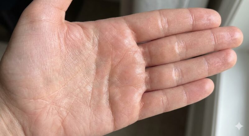 ほんの一滴の椿油が手のひら全体に薄く均一に広がり、自然なツヤが出ている様子。