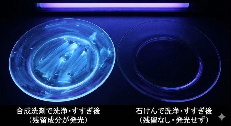ブラックライトで照らされたガラス皿の比較写真。左側は合成洗剤で洗浄・すすぎ後で残留成分が青白く発光しており、右側は石けんで洗浄・すすぎ後で残留がなく発光していない。