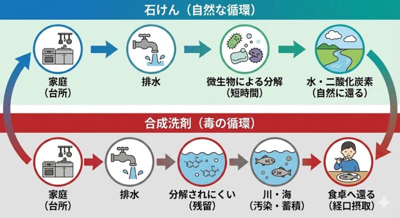 石けんと合成洗剤の排水が環境に与える影響を比較したフローチャート図解。石けんは微生物に分解され自然に還る「自然な循環」、合成洗剤は分解されにくく残留し、食物連鎖を通じて食卓へ還る「毒の循環」として描かれている。