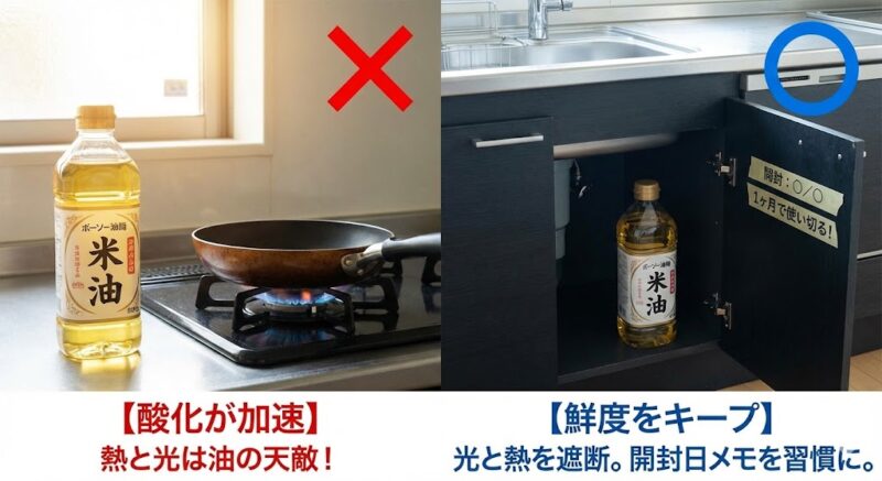 油の酸化を防ぐための正しい保管場所（冷暗所）と、開封後の鮮度を意識した保管例