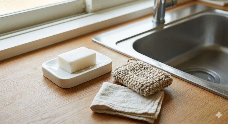 キッチンシンクの横に置かれた、白い陶器の石けん置きに乗った無添加固形石けん、手編みのアクリルたわし、古布の写真。自然光が差し込み、温かみのある丁寧な暮らしの様子。