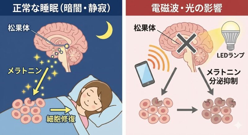睡眠中に分泌されるメラトニンが細胞を修復する仕組みと、電磁波や光によってその分泌が阻害される様子の図解