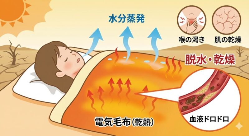 電気毛布の乾燥した熱により体内から水分が失われ、脱水や血液の粘度上昇を招く仕組みの図解