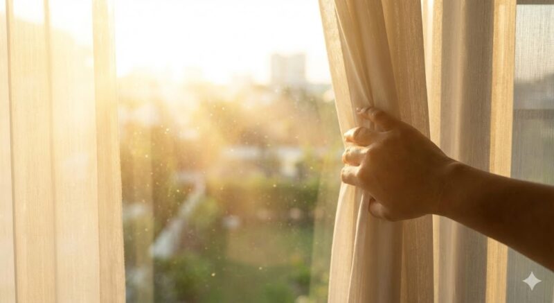 朝起きてカーテンを開け、窓から差し込む明るい朝日の光を部屋に取り込んでいる様子。