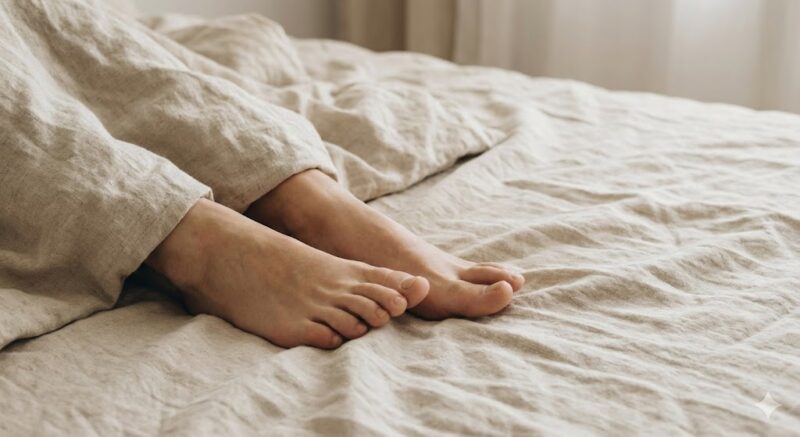静電気を逃がしやすい天然素材（リネンやコットン）のシーツから、素足を出してリラックスしている様子