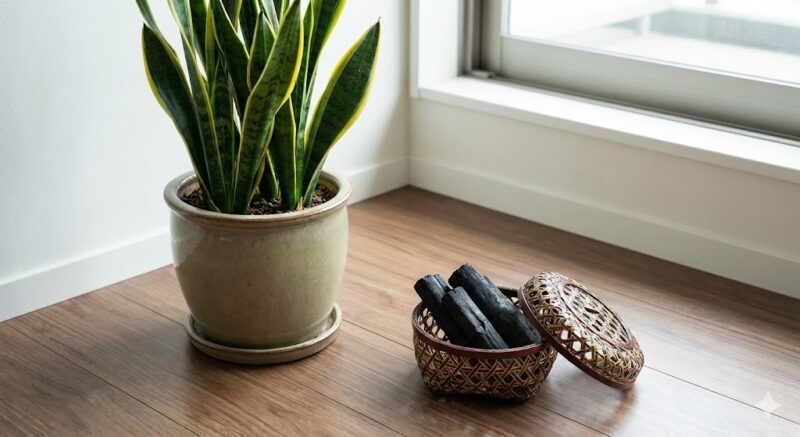 部屋の隅に、空気を浄化し電気的なバランスを整えるために置かれた、鉢植えの観葉植物とカゴに入った備長炭