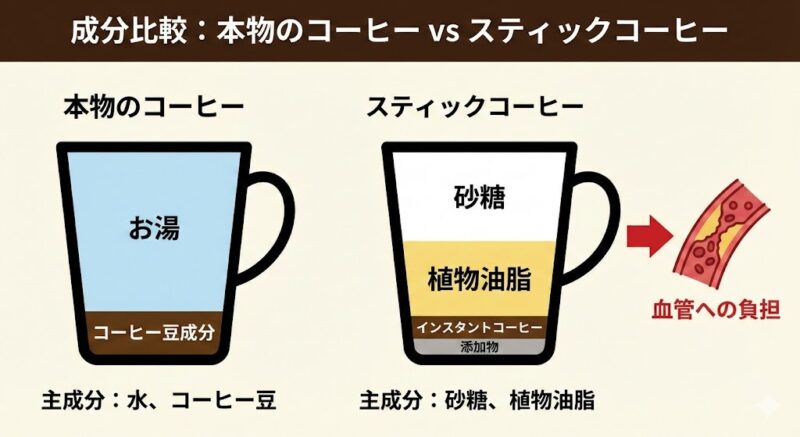 本物のコーヒーとスティックコーヒーの成分構成比較図。スティックコーヒーの大部分が砂糖と植物油脂で占められていることを示す図解。