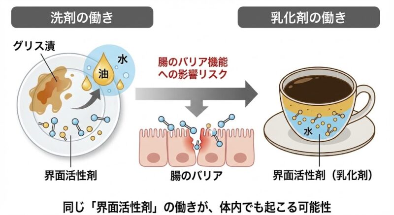 洗剤と乳化剤が同じ「界面活性剤」として働く仕組みの比較図。腸のバリア機能に影響を与えるイメージ図。