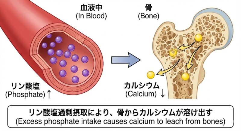 過剰なリン酸塩の摂取により、骨からカルシウムが血液中に溶け出すメカニズムの図解。