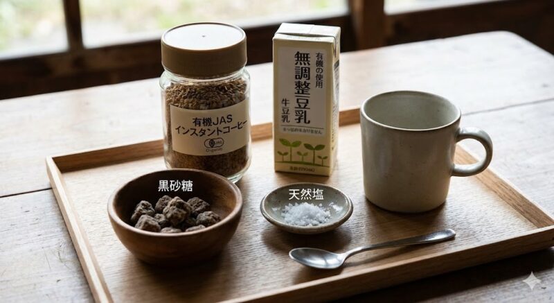 有機JASインスタントコーヒー、無調整豆乳、黒砂糖、天然塩が木製トレイに乗った、健康的なコーヒータイムの材料セットの俯瞰写真