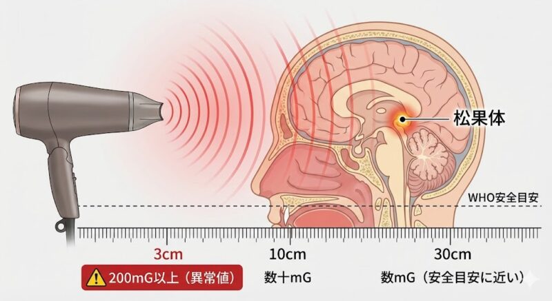 ドライヤーからの距離と磁場の強さの変化を示す図解。3cmの至近距離では200mG以上の異常な磁場が発生し、電磁波が脳の松果体まで届く様子を描写。