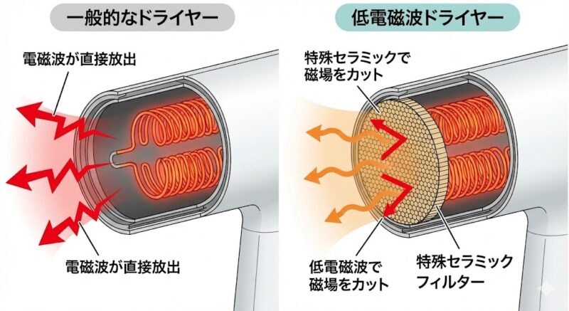 一般的なドライヤーと低電磁波ドライヤーの吹き出し口の内部構造比較図解。特殊なセラミックフィルターが電磁波（磁場）を遮断する仕組み。