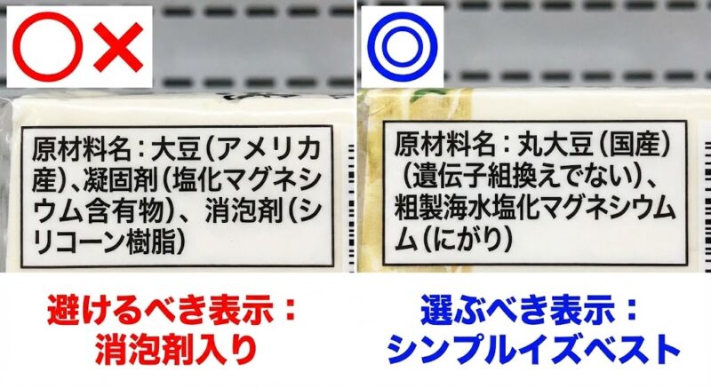 豆腐の原材料ラベルの比較写真。左は消泡剤（シリコーン樹脂）が入った避けるべき表示、右は大豆とにがりのみの選ぶべきシンプルな表示