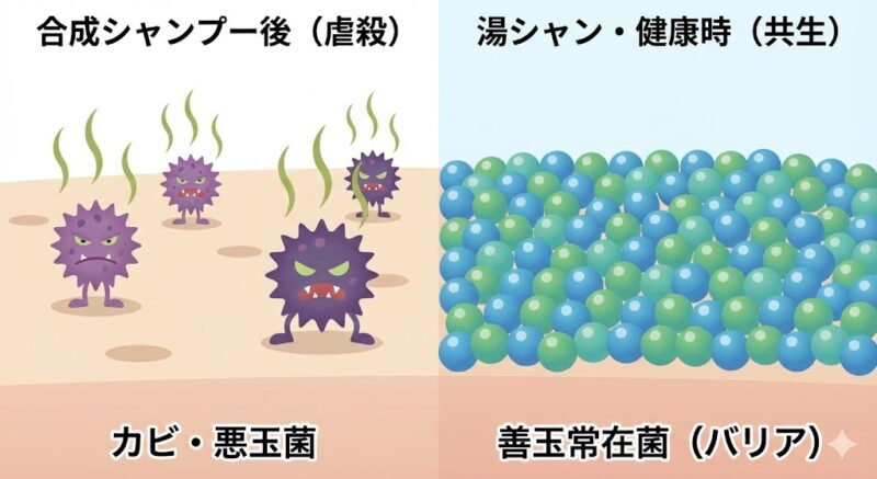 合成シャンプーによる頭皮常在菌の死滅と、健康な頭皮の常在菌バランスを比較した図解。