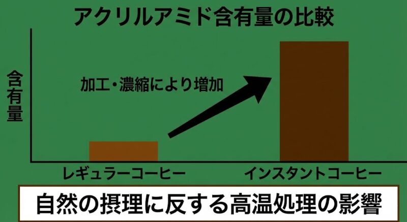 レギュラーコーヒーとインスタントコーヒーのアクリルアミド含有量比較グラフ。加工・濃縮によりインスタントの方が含有量が多いことを示す。