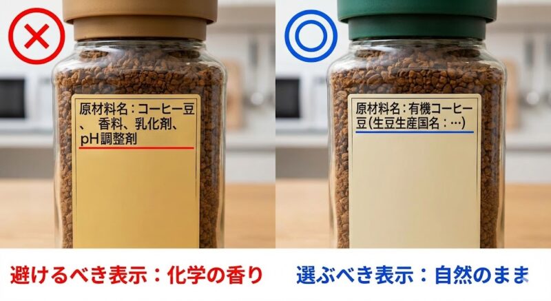 インスタントコーヒーの原材料ラベル比較写真。香料や乳化剤が含まれる「避けるべき表示」と、有機コーヒー豆のみの「選ぶべき表示」の対比