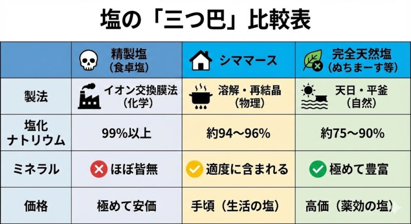 精製塩、シママース、完全天然塩の製法と成分の比較表。シママースが精製塩とは異なりミネラルを含んでいることを示す。