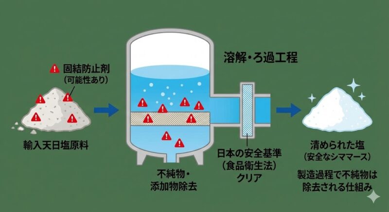 輸入天日塩を溶解・ろ過する過程で不純物が除去され、安全なシママースが作られる仕組みの解説図