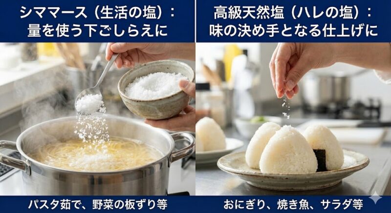 シママースと高級天然塩の使い分けの例。左はパスタの茹で汁にシママースを使い、右はおにぎりの仕上げに天然塩を使う様子