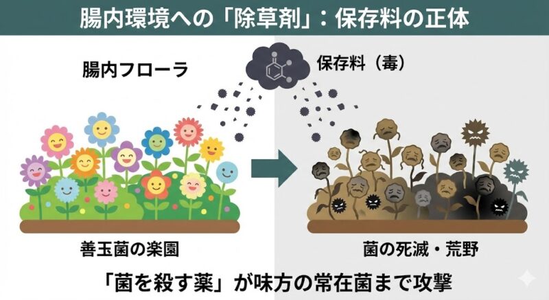 保存料入りの食品が腸内環境（腸内フローラ）に与えるダメージのイメージ図。善玉菌の楽園が保存料（毒）によって荒野になる様子