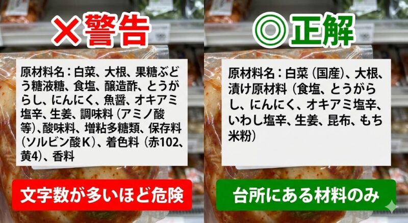 添加物だらけのキムチ（警告）と、伝統的な材料のみで作られた本物のキムチ（正解）の原材料表示ラベルの比較写真