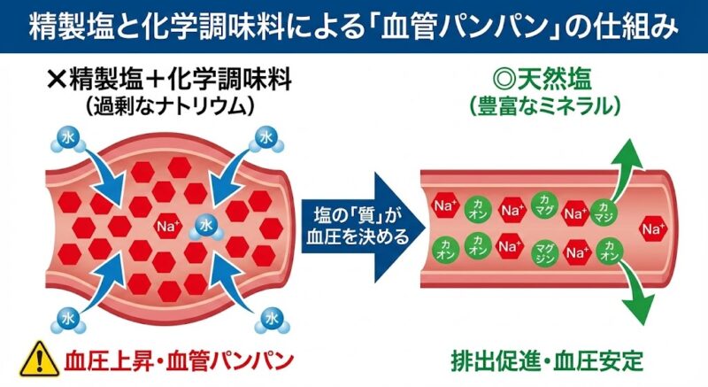 精製塩と化学調味料の過剰摂取により、血管内の水分量が増えて血圧が上昇するメカニズムの図解