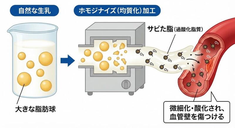 牛乳のホモジナイズ加工によって脂肪球が微細化・酸化され、「過酸化脂質（サビた脂）」に変質し、血管壁を傷つけるプロセスの図解