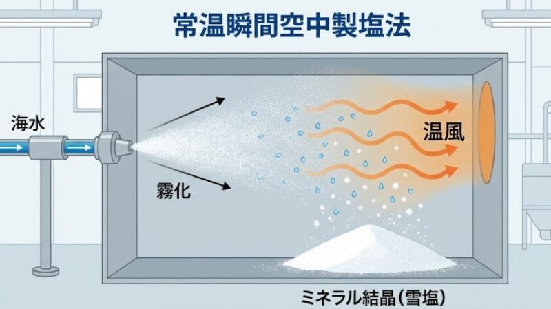 ぬちまーす独自の常温瞬間空中製塩法の仕組み。霧状の海水から一瞬で水分を飛ばし、ミネラルを丸ごと結晶化させる