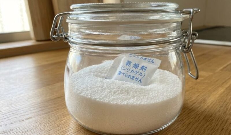 ぬちまーすの正しい保存例。湿気を防ぐため乾燥剤と共に密閉容器に入れられた状態