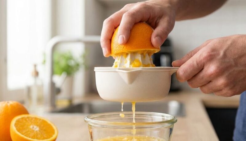 家庭のキッチンで、ハンドジューサーを使って新鮮なオレンジを手搾りしている様子。