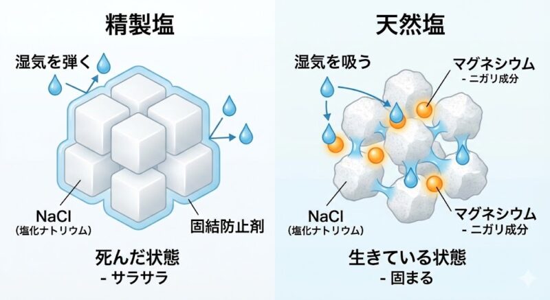 精製塩（添加物によるサラサラ）と天然塩（マグネシウムが湿気を吸って固まる）の分子レベルでの比較図解