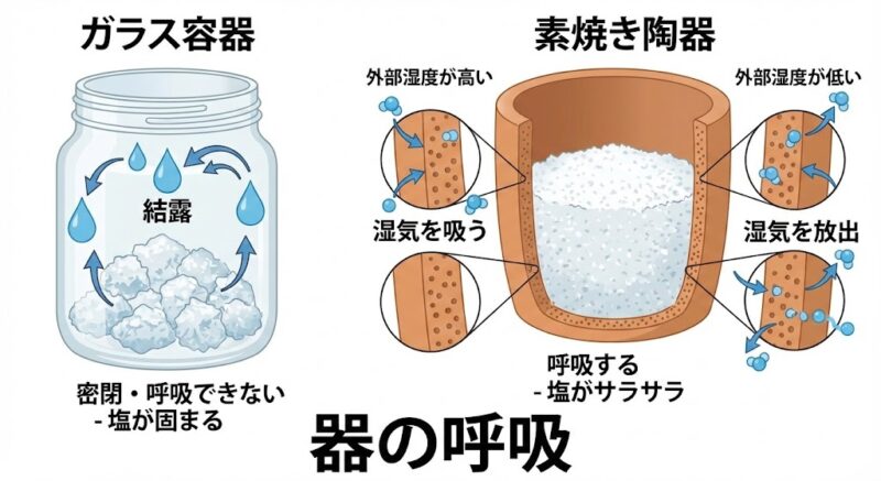 ガラス容器での結露発生と、素焼き陶器の微細な穴による調湿機能（呼吸）の比較イメージ図