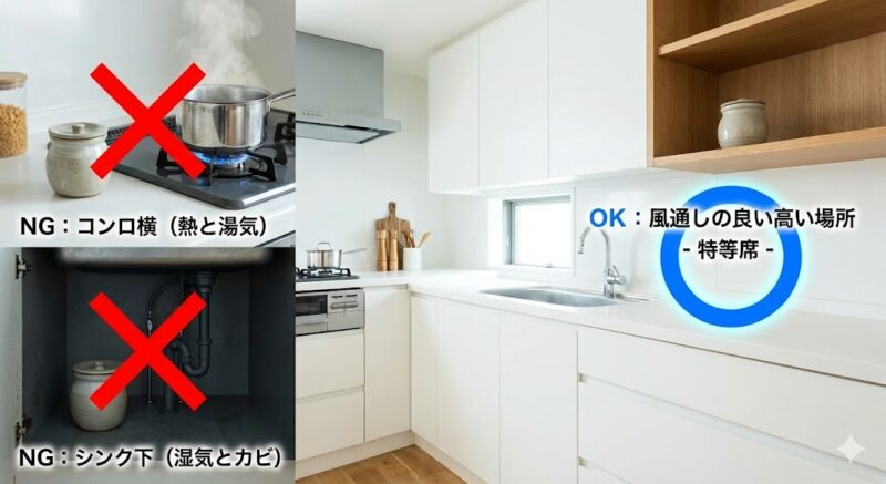 キッチンのコンロ周りやシンク下（NG）と、風通しの良い高所（OK）を対比させた塩の保管場所ガイド