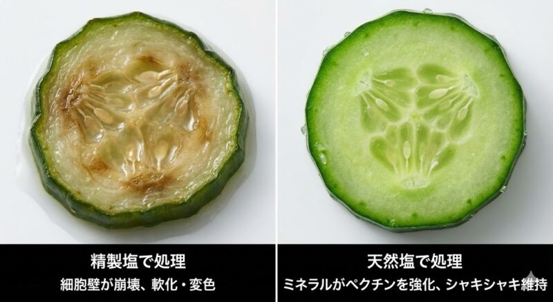 精製塩と天然塩で板ずりした野菜の数日後の断面比較。<br><br>
天然塩の方が組織が崩れず鮮度が保たれている実撮画像