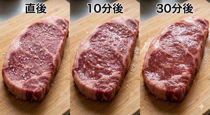 肉に塩を振ってから30分間の表面の変化。水分が一度浮き出し、再び身に戻る（再吸収）までの実撮比較