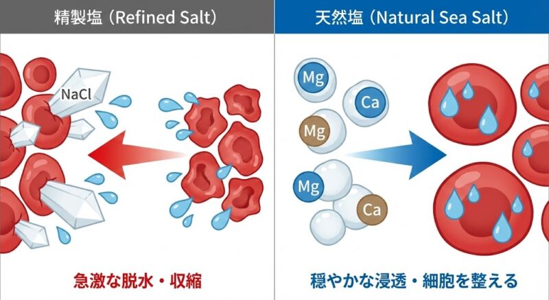 精製塩による急激な脱水（細胞の収縮）と、天然塩による穏やかで深いミネラル浸透の比較図。