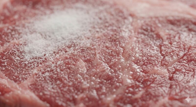 赤身肉の表面に振りかけられた、パウダー状の微細な天然塩（ぬちまーす）。肉の繊維に素早く馴染み、溶け始めている様子