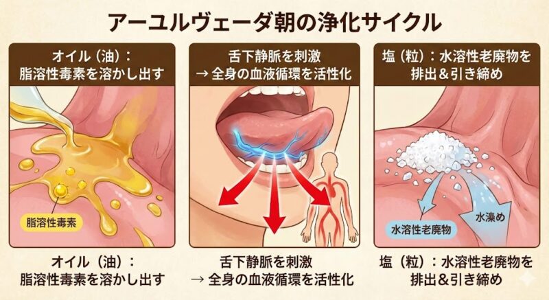 オイルが脂溶性汚れを溶かし、塩が浸透圧で老廃物を引き出すデトックスメカニズムの比較図解