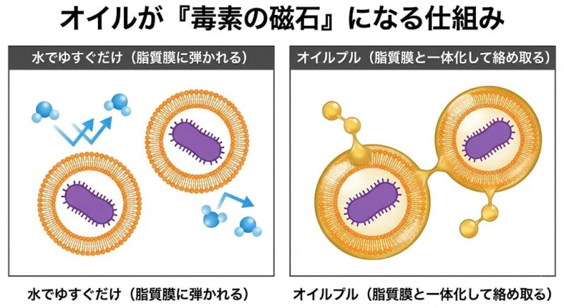 水では落ちない脂質膜に包まれた細菌を、オイルが磁石のように吸着・乳化して取り除く仕組みの図解