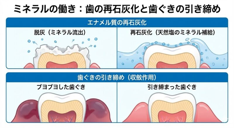 天然塩のミネラルが歯のエナメル質を再石灰化し、収斂作用で歯ぐきを引き締める効果の比較図