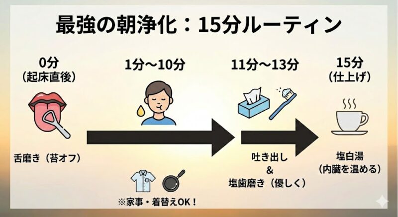 舌磨き、オイルプル、塩歯磨き、塩白湯までを15分で効率的に行う朝のルーティンフローチャート