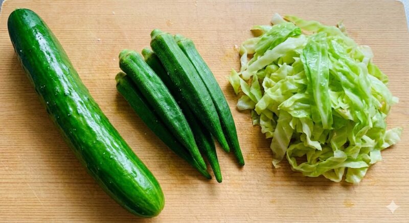 きゅうり、オクラ、キャベツの板ずり後の仕上がり状態。<br><br>
表面のツヤと色の鮮やかさが増した様子の写真