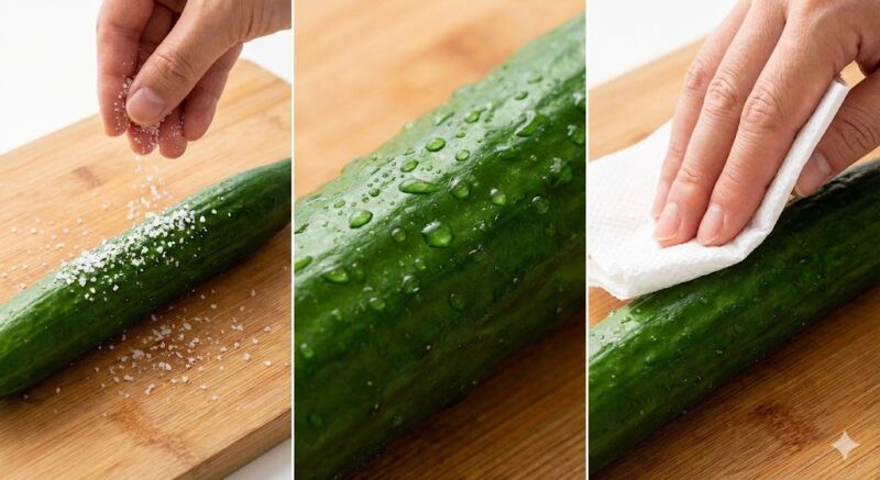 正しい板ずりの手順。<br><br>
塩を馴染ませ、浮き出た水分（アク）をキッチンペーパーで丁寧に拭き取る工程の実撮写真