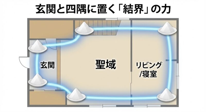 家の間取り図で、玄関の両脇と部屋の四隅に盛り塩を配置し、それらを結ぶ光のラインで守られた「聖域」が形成されている結界のイメージ図解