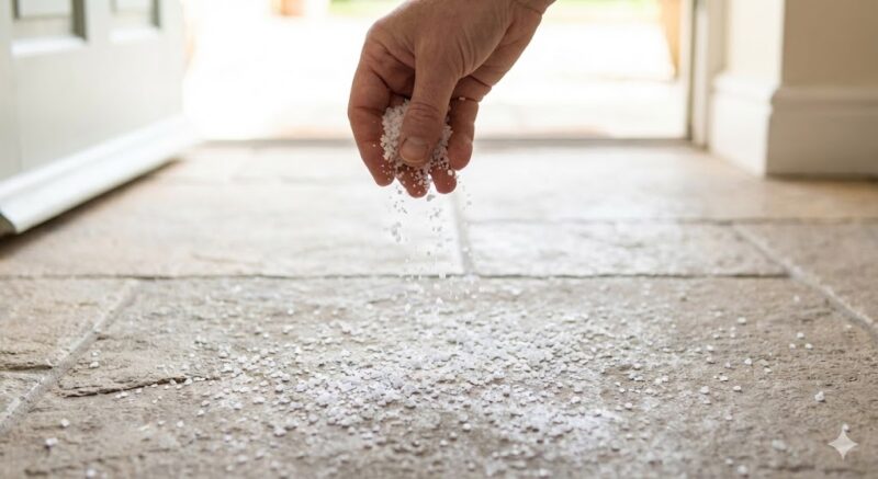 玄関のたたき（床）に、浄化のための天然塩を手でパラパラと撒いている瞬間のクローズアップ写真