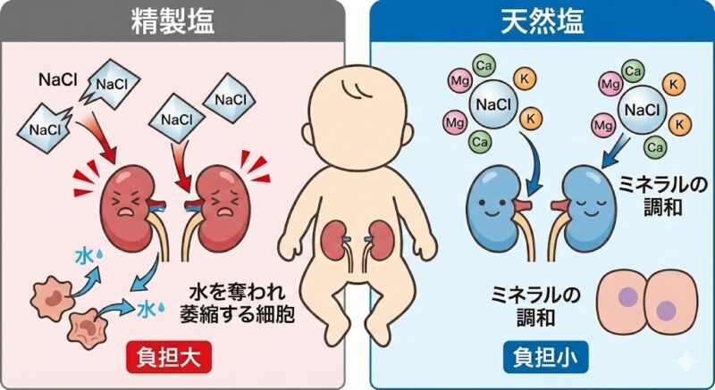 精製塩と天然塩が赤ちゃんの腎臓と細胞に与える影響の比較図。ミネラルが緩衝材となり負担を軽減するメカニズム