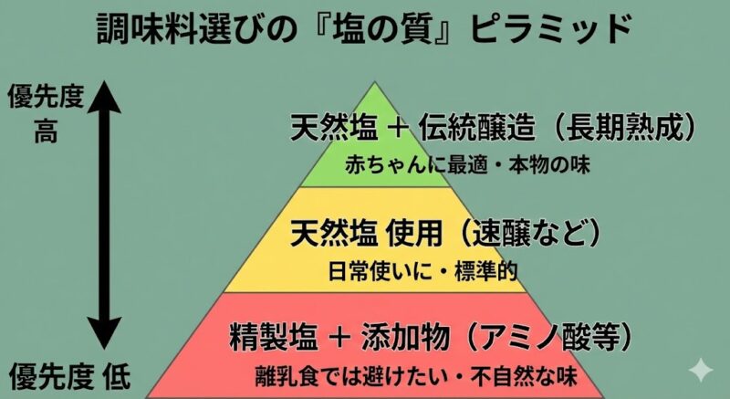 赤ちゃんのための調味料選びの優先順位を示すピラミッド図解。頂点は「天然塩＋伝統醸造」、中段は「天然塩使用」、底辺は「精製塩＋添加物」で、上に行くほど優先度が高いことを示す
